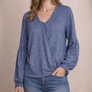 Papermoon NWT Women’s Size L Blue Surplice Wrap Front Blouse Long Bishop Sleeve